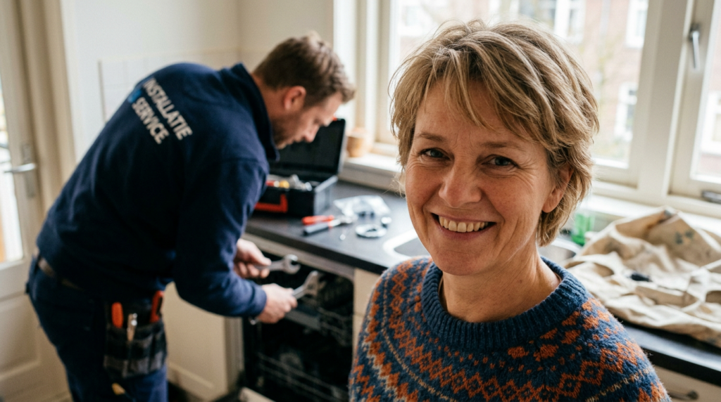 gelukkige klant terwijl een service aannemer werkt
